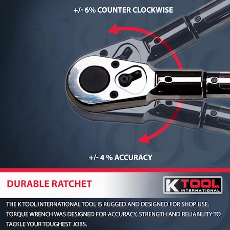 K-Tool International Adjustable Ratcheting Torque Wrench Usa Made, 100-600 Ft/L, 3/4" Drive KTI72176A